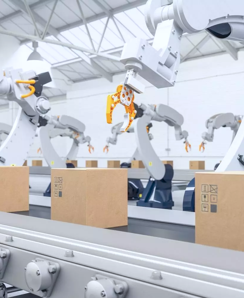 Illusztráció, robotkarok csomagokat pakolnak